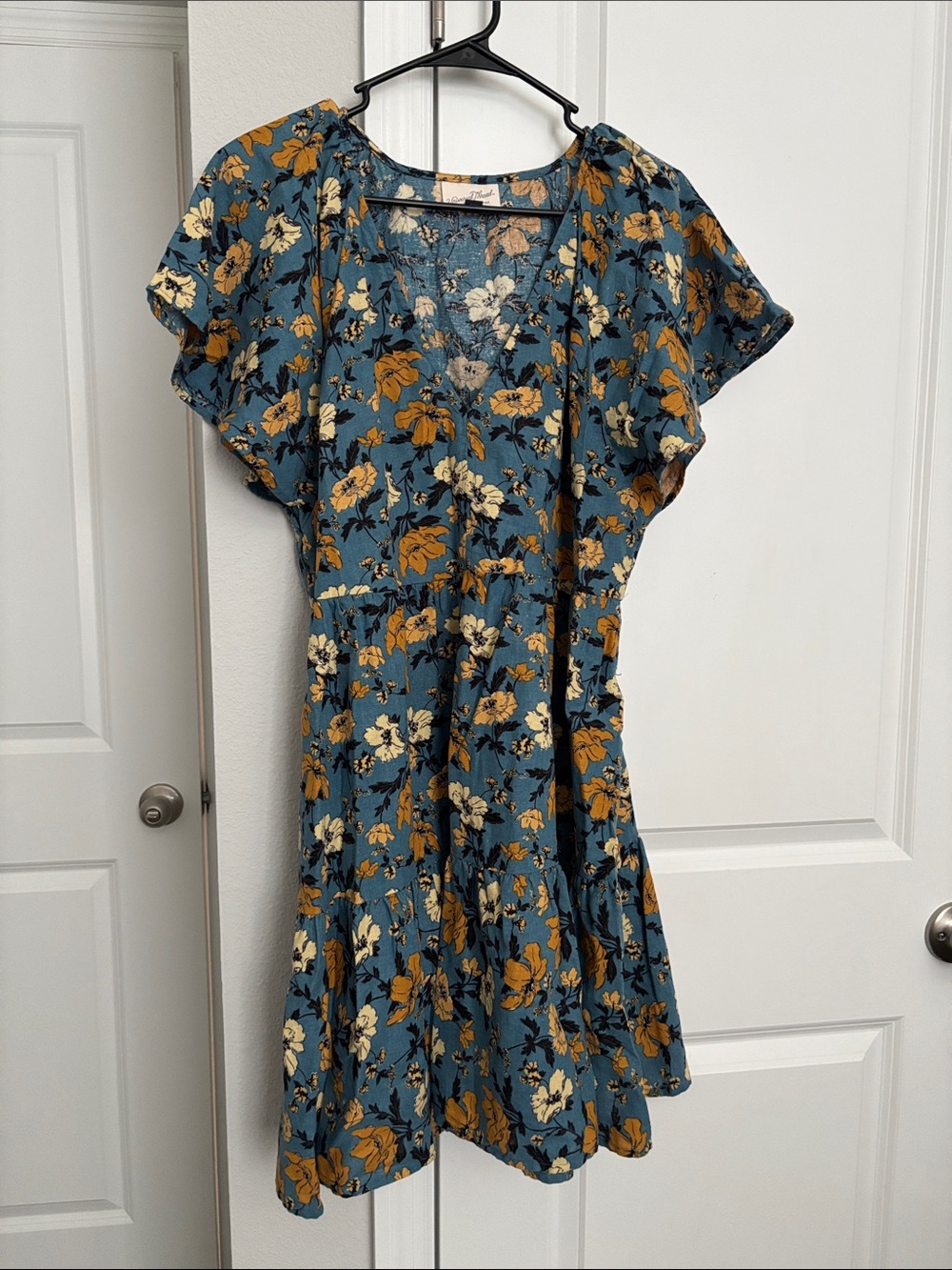 Universal Thread Teal Floral Mini Dress with Mustard and Cream Accents